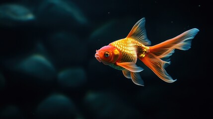 Stunning Underwater Shot of a Vibrant Goldfish Swimming Gracefully in a Dark Aquarium with Smooth Stones