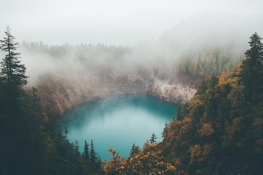 Misty morning reveals a serene, turquoise lake nestled within a lush, fog-shrouded forest.