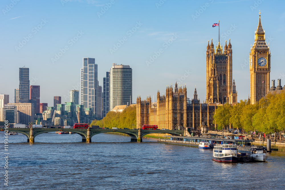 Wall mural Big Ben with Houses of Parliament, Westminster bridge and Vauxhall skyscrapers, London, UK