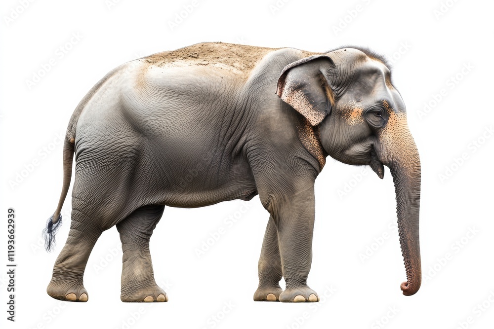 Poster large gray elephant standing gracefully with trunk extended in a calm posture. generative ai