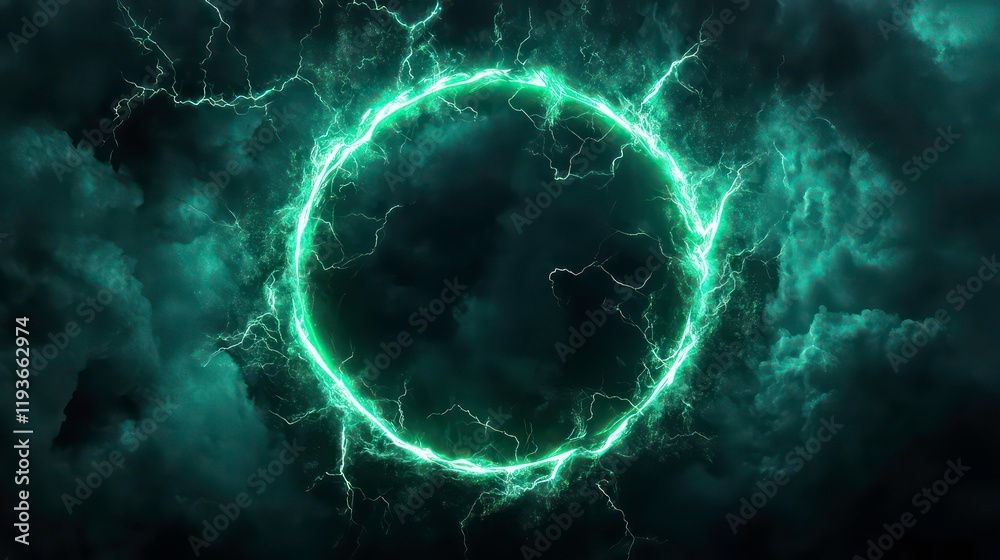 Canvas Prints a green circle with lightning bolts surrounding it on dark background