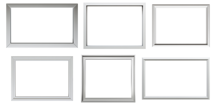 set of empty frames, silver gray modern wooden frames for wall pictures and paintings showcase presentation