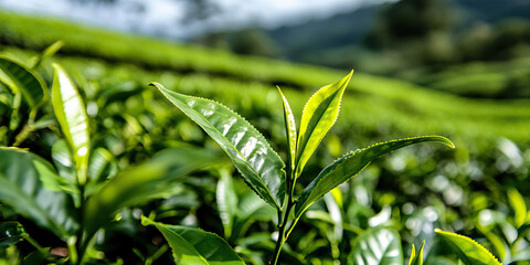 Close-up of Tea Plant Leaves in a Plantation