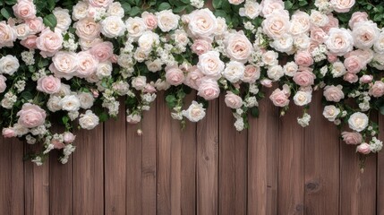 Pink roses climb gracefully over a wooden fence, complementing the clear blue sky in a vibrant summer garden.