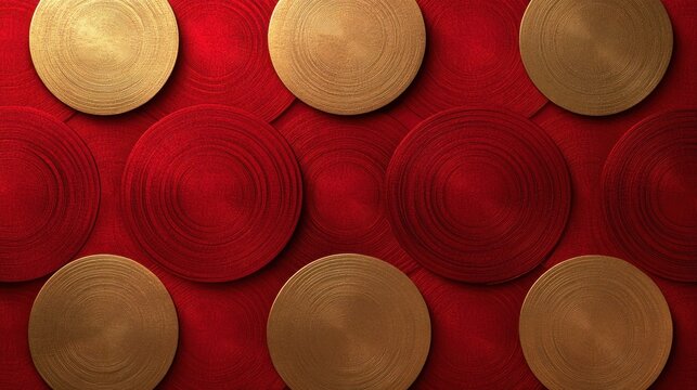 Abstract design featuring circular gold and red patterns on a textured background, ideal for decor