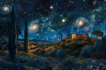 A painting of a starry night with a house in the background