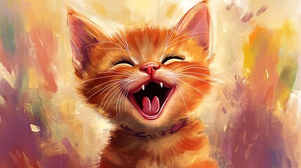 A cheerful orange tabby kitten laughing joyfully against a vibrant background.