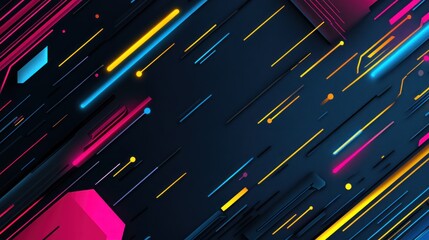Abstract background with vibrant neon lines and geometric shapes on dark backdrop.