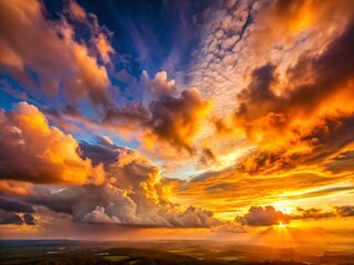 Fototapeta premium Panoramic Orange Sunset Sky Landscape - Wide Telephoto View of Evening Cloudscape