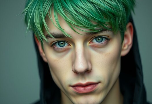 Male portrait with green hair and androgynous face
