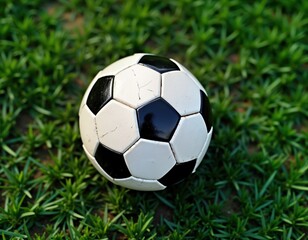Obraz premium Black, white soccer ball sits on green grass. Top view shows details of ball design. Outdoor setting suggests leisure activity or sport. Perfect for showcasing soccer equipment or background imagery.