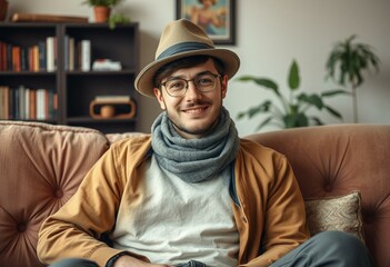 Fototapeta premium Relaxed male hipster on a worn-out couch