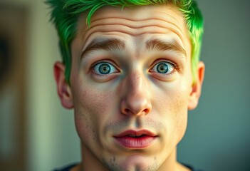 Portrait of a male with bright green hair and facial expression of slight surprise