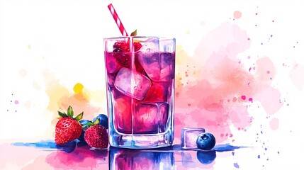 Refreshing berry drink with ice cubes, featuring strawberries and blueberries, perfect for summer enjoyment.