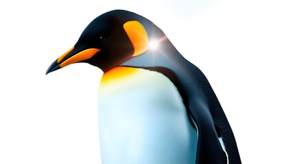 Fototapeta premium A bold acrylic painting of a King Penguin standing on a white background in a soft dreamy atmosphere. Vibrant colors and textured brushstrokes create a hazy, soft light. The penguin features a black h