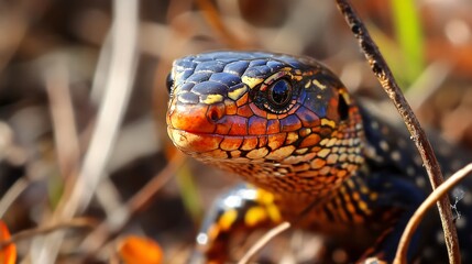 Fototapeta premium A close-up of a vibrant, multicolored lizard peeking through the grass, showcasing intricate patterns and textures.