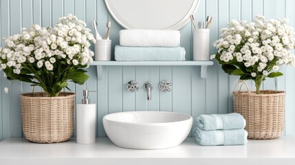 Soft focus reveals a stylish pastel blue bathroom cabinet, showcasing neatly arranged towels and wicker baskets in a tranquil atmosphere
