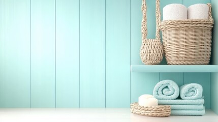 Fototapeta premium Soft focus reveals a stylish pastel blue bathroom cabinet, showcasing neatly arranged towels and wicker baskets in a tranquil atmosphere