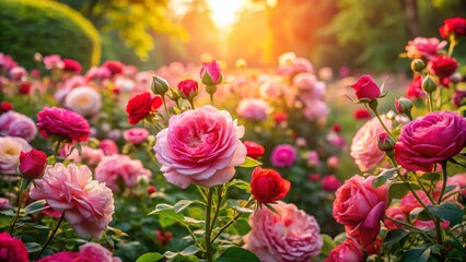 Panoramic Rose Garden Background: Vibrant Pink and Red Roses in Full Bloom