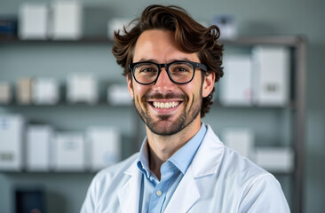 Obraz premium Portrait of a happy ophthalmologist against the background of a stand with glasses in optics. Salesperson, glasses consultant in a vision glasses store.