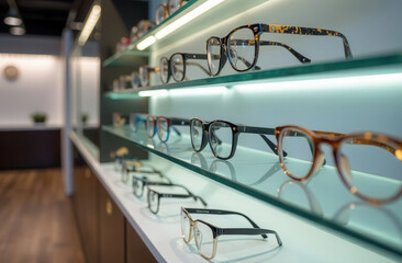 Eyeglasses on a glass shelf in an optician. A stand with glasses in a vision glasses store. Shelves in an eyewear store.