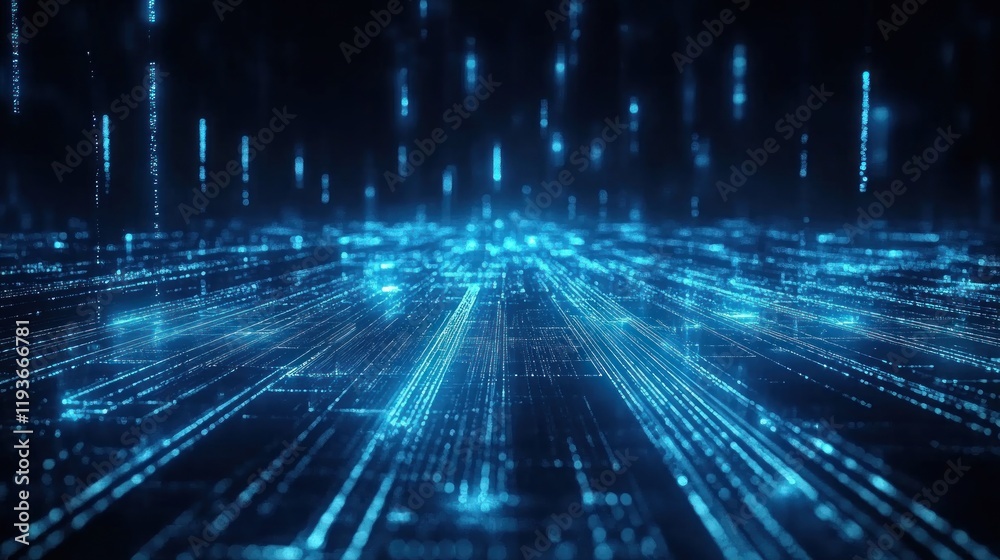 Wall mural abstract blue digital data streams and lines flowing in a dark space.