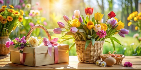 Panoramic Spring Flowers & Mother's Day Gift Basket - Happy Mother's Day Greeting Card Design
