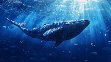 Naklejka premium A majestic blue whale glides gracefully through the deep blue ocean waters, surrounded by shimmering sunlight.