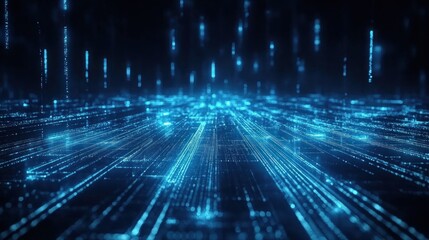 Abstract blue digital data streams and lines flowing in a dark space.