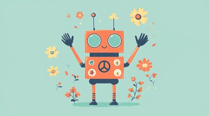 A cheerful cartoon robot with a peace symbol, surrounded by colorful flowers, exuding a friendly and playful vibe.