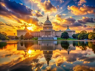 Fototapeta premium Panoramic Sunset View of Capitol Building with Water Reflection - Washington DC Landmark