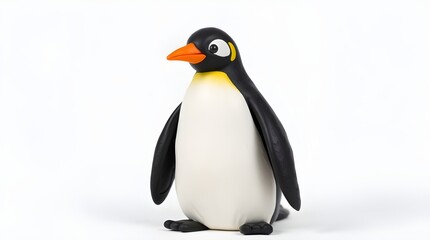 Fototapeta premium A bold acrylic painting of a King Penguin standing on a white background in a soft dreamy atmosphere. Vibrant colors and textured brushstrokes create a hazy, soft light. The penguin features a black h