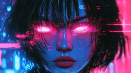 Futuristic digital portrait of female with neon glowing eyes in cyberpunk style