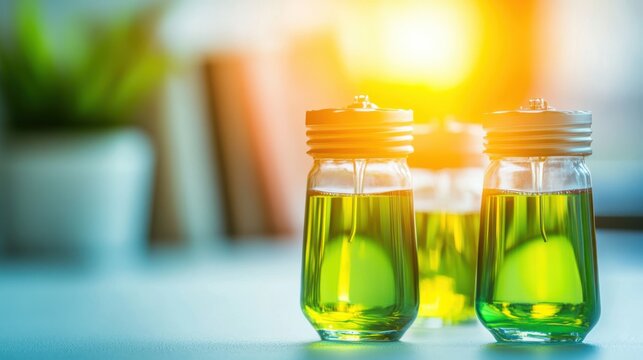 Glass Containers with Green Liquid Set Against a Sunlit Background, Reflecting Natural Light in a Cozy Environment for Wellness and Culinary Uses