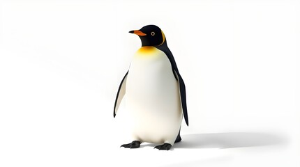 Fototapeta premium A vibrant, architectural color photograph of a King Penguin standing on a white background. The penguin features a black head, black beak with an orange tip, yellow and orange neck stripe, black flipp
