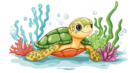 Obraz premium Watercolor png clipart Happy Cartoon Turtle Swimming in the Ocean on a white background