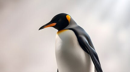 Naklejka premium A bold acrylic painting of a King Penguin standing on a white background in a soft dreamy atmosphere. Vibrant colors and textured brushstrokes create a hazy, soft light. The penguin features a black h