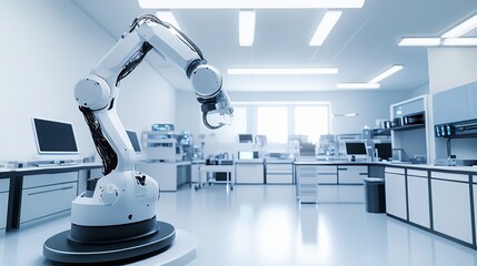 A robot assisting with automated 3D scanning in a high-tech 3D scanning facility with clean, organized scanning stations and advanced 3D scanning equipment, 3D scanning tech style