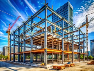 Fototapeta premium Panoramic View Modern Office Building Construction Site - Daytime