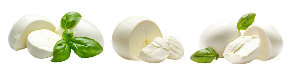 Set of Ciliegine mozzarella cheese balls isolated on white background. Concept of fresh dairy products