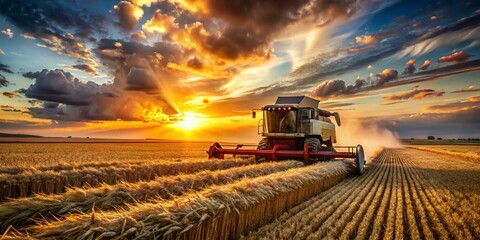 Fototapeta premium Panoramic View of a Combine Harvester Harvesting Wheat Field at Golden Hour