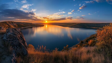 Obraz premium Sunset over Calm Lake in Forest Landscape
