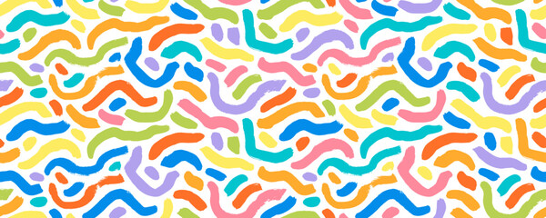 Fun colorful line doodle seamless pattern. Brush drawn bold squiggle lines and dots seamless banner background. Simple party confetti texture, childish scribbles. Childish curved and wavy stripes.