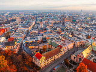 Main market Square with St. Mary's Basilica, city view in Krakow Poland.  Autumn landscape.