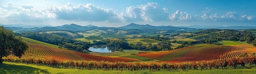 Wide aerial panoramic landscape of a huge vineyard in autumn on a bright sunny day