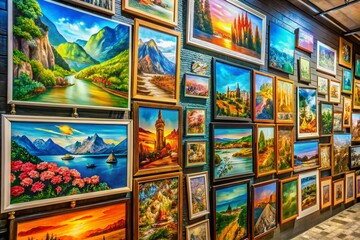 Panoramic View of Colorful Drawing Posters on a Wall