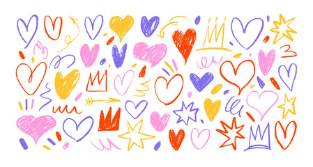 Crayon drawn colorful doodle hearts, crowns and squiggles in kid's style. Hand drawn funky romantic elements.