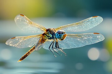 Closeup of a Dragonfly in Flight over Water