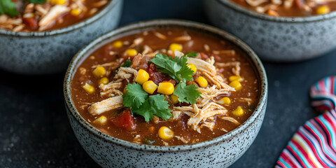Hearty chicken tortilla soup, garnished with fresh cilantro and corn. Perfect for a cozy meal!