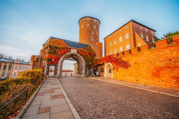 Wawel castle landmark with city view near river in Krakow Poland. Autumn landscape on coast river...